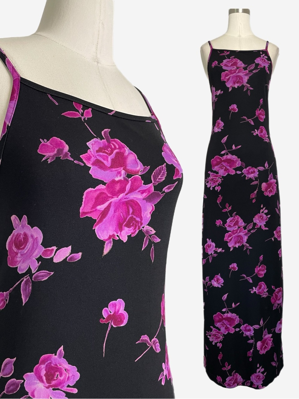 Vintage Y2K Byer Too! Black pink floral slinky slip maxi dress dark romantic S